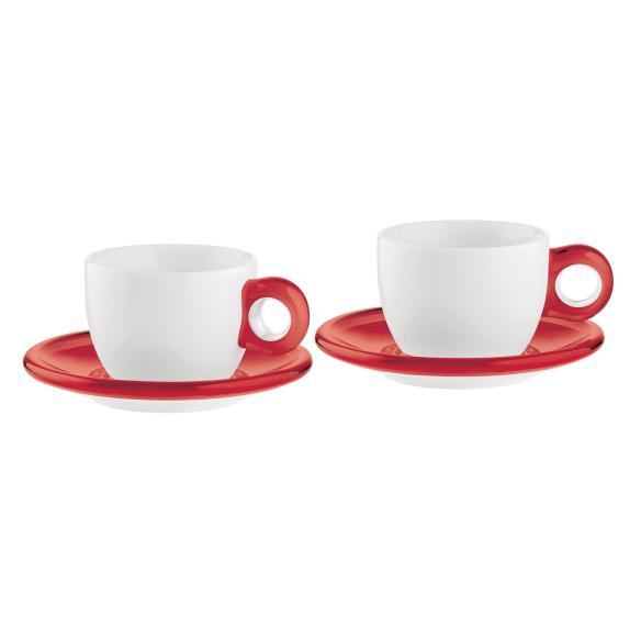 Guzzini - Set 2 Tazze cappuccino con piattino gocce rosso trasparente 300 ml