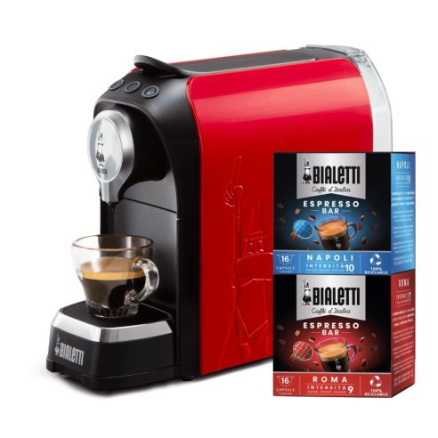 Bialetti - Super Espresso coffee machine with red capsules with 32 complimentary capsules