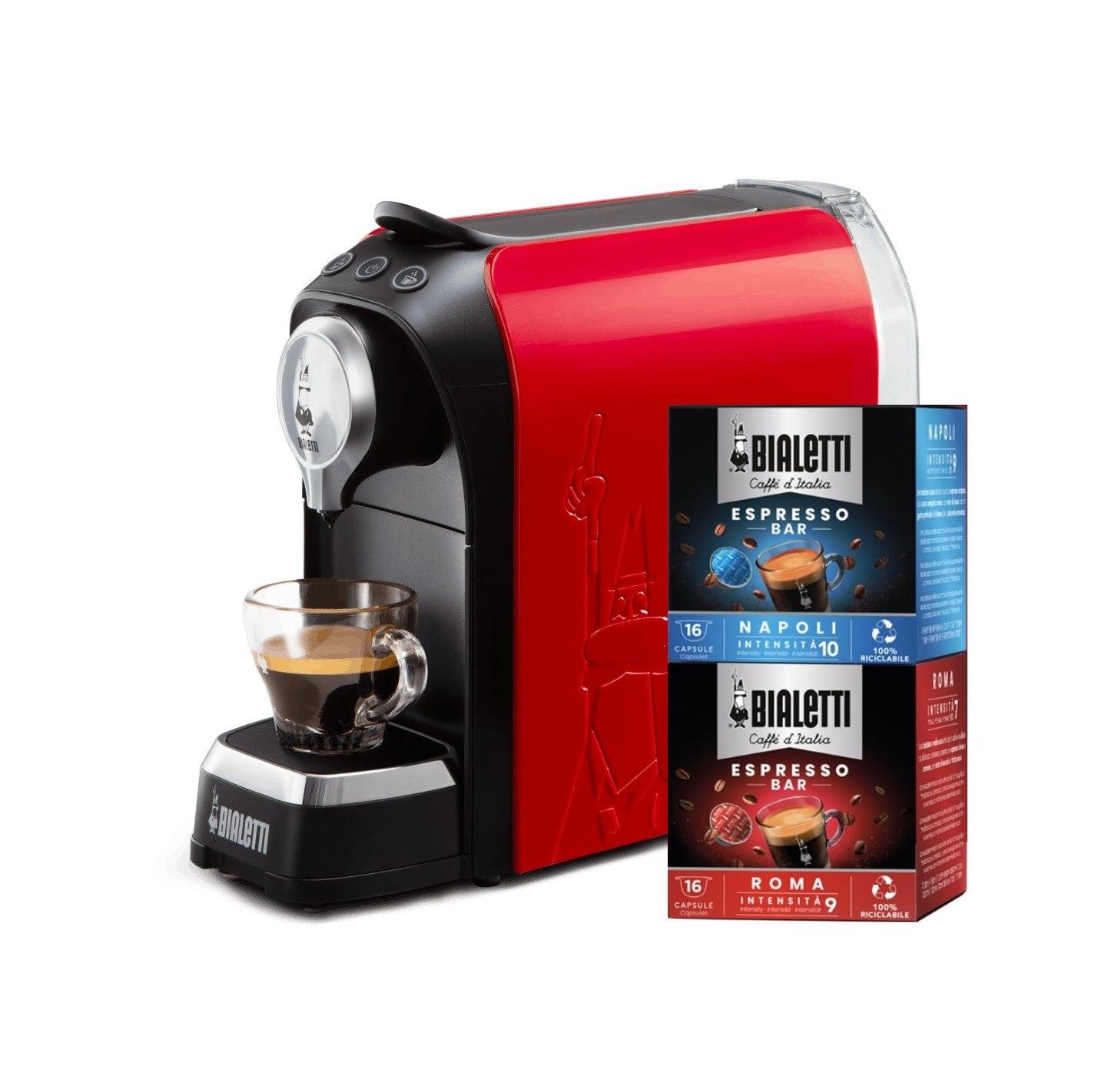 Bialetti Super Espresso coffee machine with red capsules with 32 complimentary capsules