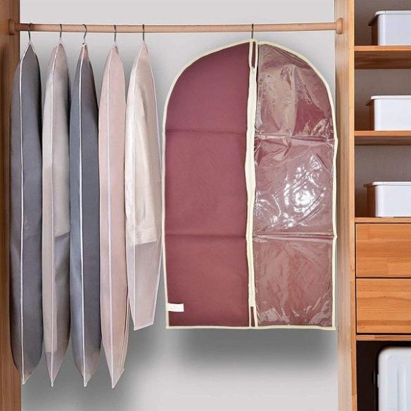 Hanging case for short clothes in non-woven fabric with window 60x100 cm bordeaux
