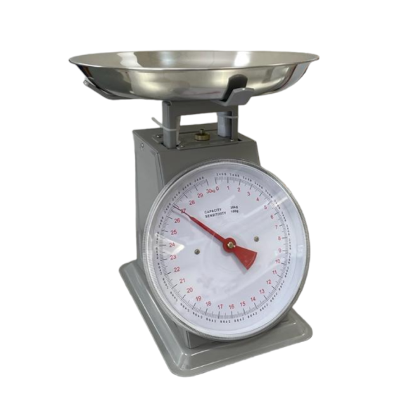 Colored metal kitchen scale with 30 kg tray