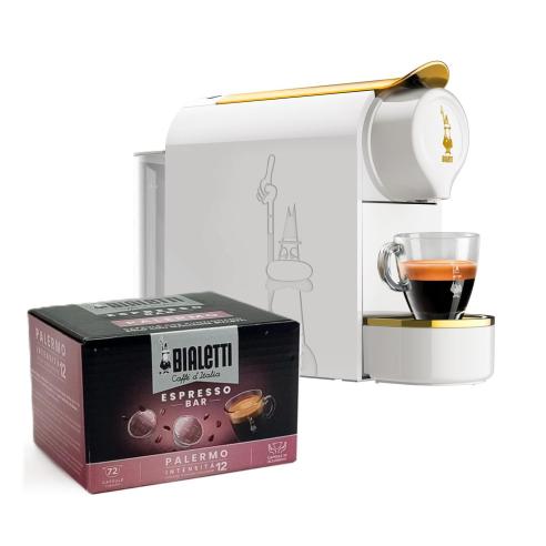 Bialetti - CF90 Gioia espresso coffee machine in White Gold color bundle with 72 Palermo capsules
