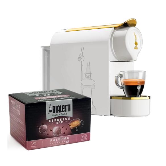 Bialetti - CF90 Gioia espresso coffee machine in White Gold color bundle with 72 Palermo capsules