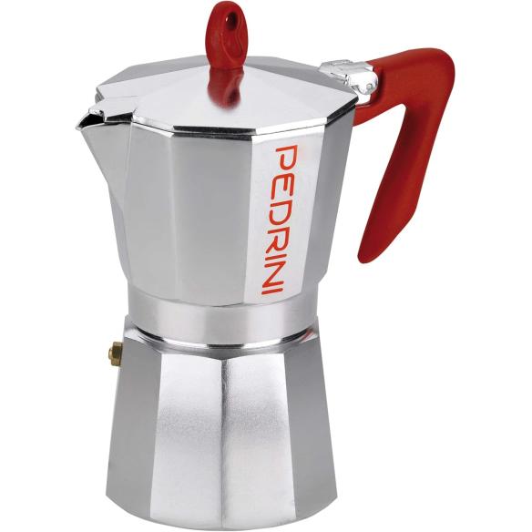 Pedrini Brilliant Caffettiera Moka 6 Tazze Alluminio Manico Rosso