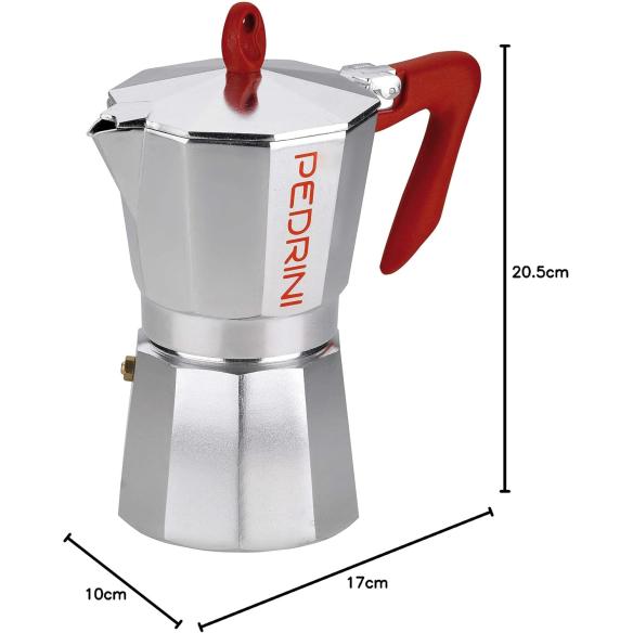 Pedrini Brilliant Caffettiera Moka 6 Tazze Alluminio Manico Rosso